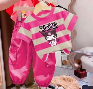 Setelan Pakaian Anak Perempuan Dengan Motif Viral Kuromi Salur Usia 1-5 Tahun