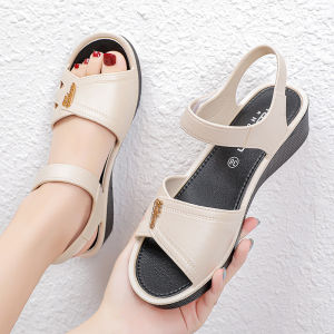 [Free Shipping] Mid-Heel Sandals For Mothers With A Soft Plastic Sole Available In Larger Sizes Designed For Women Suitable For Summer With A Stylish And Elegant Look Featuring A Mid-Heel And A Chunky Heel And A Wedge Heel