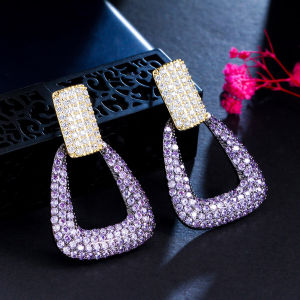 SEQUITO Fashion Women Jewelry Yellow Black Gold Plated Full Micro Pave Purple White AAA Cubic Zircon Crystal Geometry Statement Ear Drop Dangle Prom Earrings for Costume Accessories SE655