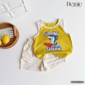 Set ba lỗ áo thun phối màu họa tiết Baby Shark kèm quần short bé trai 1 tới 7 tuổi BERNIE H0326B34