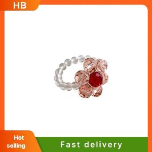 HB Vintage Crystal Beaded Flower Elastic Rings Rice Beads Handmade Woven Flower Rings For Women Bohemian Jewelry Girls Party Gifts