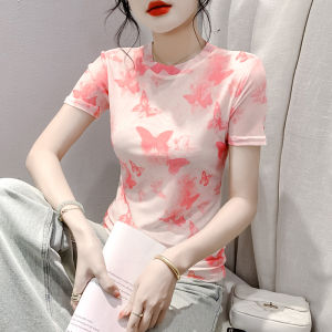 YIMEI เสื้อยืดยุโรป2024ใหม่สำหรับฤดูร้อนเสื้อยืดแฟชั่นสตรีแขนสั้นพิมพ์ลายเสื้อตาข่ายเข้ารูปพอดีและทันสมัยเทรนด์เสื้อเชิ้ตตัวเล็ก