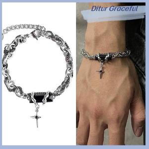 Ditur สร้อยข้อมือรูปดาวเพทายสีดำแบบย้อนยุคสำหรับผู้หญิงผู้ชายของขวัญเทรนด์โซ่โลหะเครื่องประดับแนวกอธเครื่องประดับคู่ใหม่