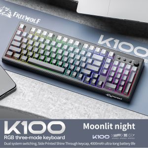 Freewolf K100 3-Mode Wireless Keyboard 4000mAh Battery RGB Backlit PBT Side-Printed KeycapsQuiet Office/Gaming Keyboard