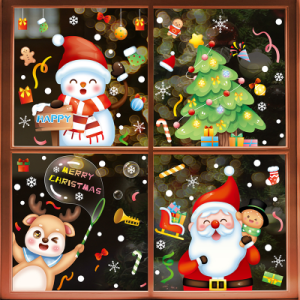 COMBO-Decal trang trí NOEL HÍT TĨNH ĐIỆN - Ông già noel và người tuyết cùng tuần lộc HAPPY NOEL (4 tấm)-CDN113