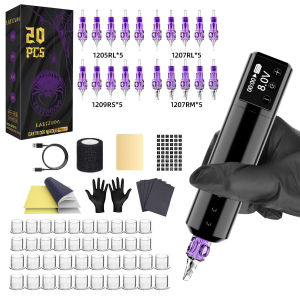 ชุดเครื่องสัก LASTJUDG-ปากกาแทททูพร้อมตลับเข็มสัก20ชิ้นและแหล่งจ่ายไฟไร้สาย1500MAh เครื่องสักหมุนและอุปกรณ์สักสำหรับศิลปิน