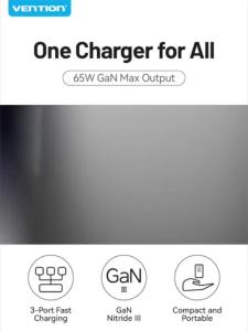 65W GaN Charger UK Plug 3 Ports Turbo Charging Power Adapter QC4.0 PD 3.0 Fast Charger