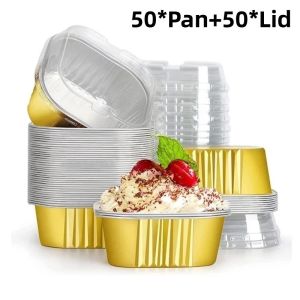50Pcs Square Aluminum Foil Cup Dream Cake Container Lava Cake Container With Clear Lid