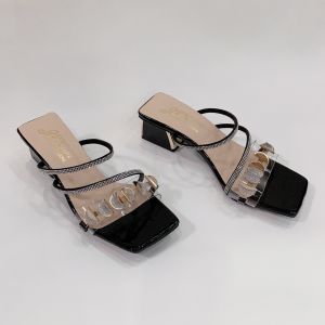 Dép nữ cao gót vuông 5p quai trong kết khóa bán nguyệt xoàn chéo hông - G02