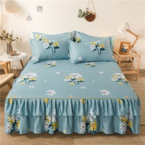 JUTBONG Dust-proof Double Lace Bed Skirt Three-piece Set 120/150/180CM Floral Printed Bedsheet Pillowcase Premium Quality Thickening 3in1 Bedsheet Set for Kids Adults Bedroom