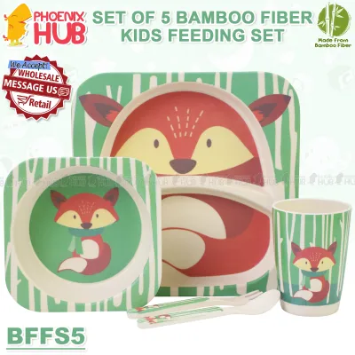Phoenix Hub BFFS5 5 Piece Set Baby Toddler Kids Dinnerware Bamboo Fiber Plate Set Feeding Bowl Spoon Fork and Cup 135