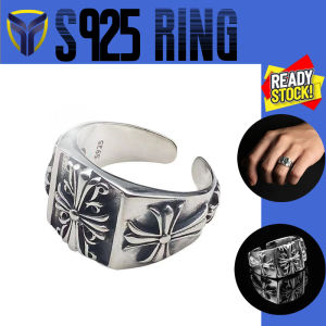【Franco Fashion】Original Retro S925 Silver Personality Cross Engrave Ring Korean Jewelry Hip Hop Punk Y2K Goth Vintage Adjustable Open Ring For Men Accessories