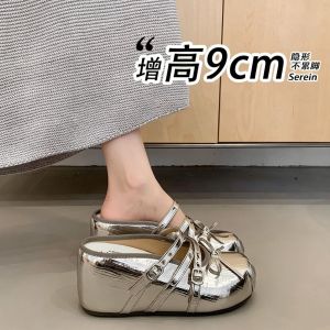 Free Shipping 9Cm Inner Height-Increasing Half Slippers For Petite Women Summer Outdoor Wear 2026 New Style Thick-Soled Silver Slip-On Sandals