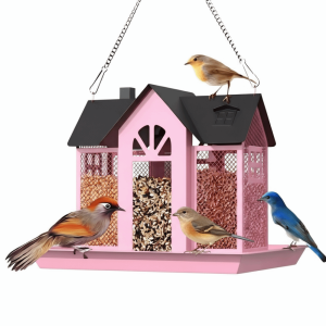 DGFDF Metal Hanging Bird Feeder Rainproof Large Capacity Hummingbird Feeder Ventilation House Shape Bird Food Container Outside Garden