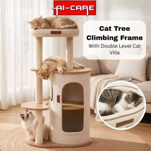 2 in 1 Cat Tree Climbing Frame & Double-Decker Cat Villa House Cat Scratching Post Cat Nest Kucing