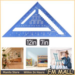 Blue 7inch 12inch Triangular Ruler Thickened Aluminum Alloy Woodworking Measurement Building Framing Woodwork Tools Metric Measuring Ruler Square Triangle Angle Protractor