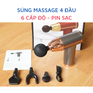 [BH 6 THÁNG] Súng Massage 4 đầu 6 cấp độ cầm tay - Máy mát xa giảm nhức mỏi vai gáy giảm căng cơ nhiều cấp độ  pin sạc - MÀU BẠC