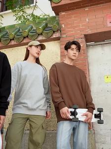 秋冬加厚重磅精梳全棉套头圆领卫衣纯色宽松潮牌外套工作服印logo