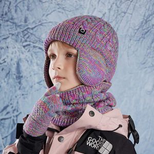 OURTOUR Fleece Lined Childrens Hat Neck Scarf Gloves Set Warm Winter Kids Earflap Beanies 4-10Y Ear Protection Skull Caps for Boys and Girls