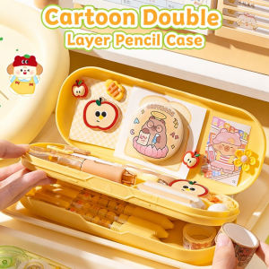 Cartoon Double Layer Pencil Case Large Capacity Stationery Holder With Cute Decoration For Students