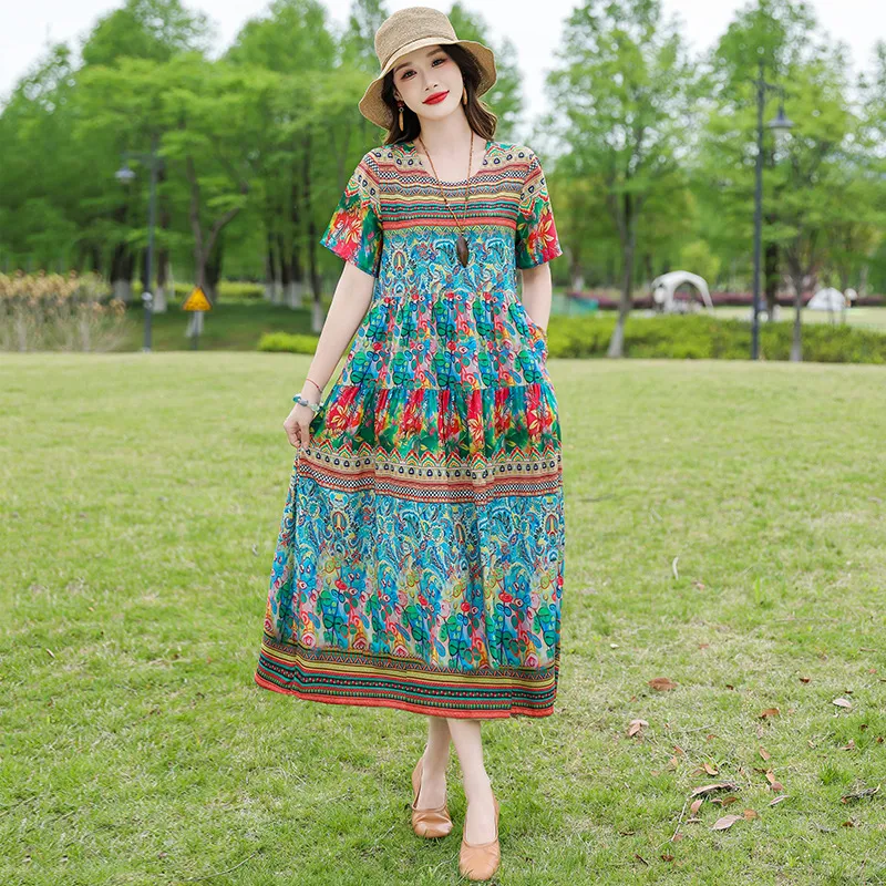 beach dresses cheap Woman Plus Size Retro Loose Floral Dress Casual Holiday Beach Dress Bohemian Plus Belt size:48” fits 46 pants provencal blue floral and a back zip Juliet Tunic Dress -