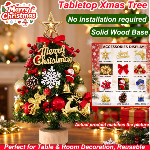 🎁With LED light🎁Cute 45cm Tabletop Christmas Tree Mini Christmas Tree With Lights Set Christmas accessories Christmas decorations for home Christmas Decor set Holiday gift Wood Stand