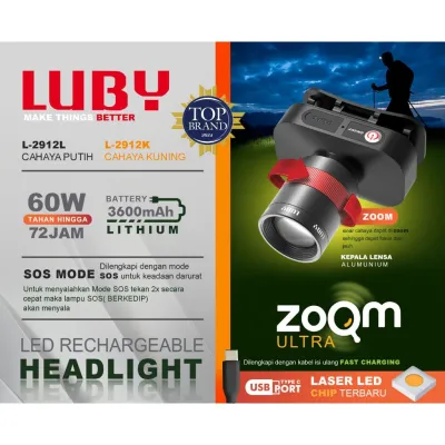 SENTER KEPALA LED LUBY L-2912L 60WATT TAHAN HINGGA 72JAM - ZOOM PUTAR - BAHAN ALMUNIUM - CAHAYA TERANG - USB TYPE C
