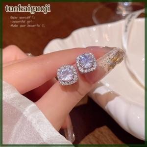 tuokaiguoji Cổ điển micro-dát siêu sáng bóng vuông bông tai kim cương cho phụ nữ đơn giản và phong cách mát mẻ Bông tai