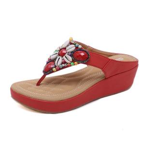 【High quality】SIKETU Women Bohemian Beaded Wedges Large Size Beach Sandals casual flip flops