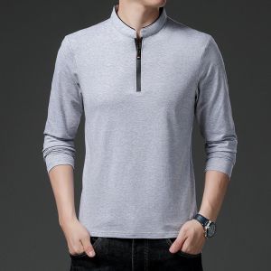 Mens POLO Shirt Long Sleeve Shirt T-Shirt Mens Stand Collar Zip Long Sleeve T-Shirt Slim Top