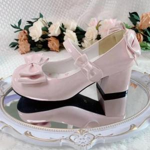 2025Lolita Style Cute Round Head  Jane Pumps With Bow Womens Sweet Party Dress Midi Heels Shoes Fashion PU Sandals