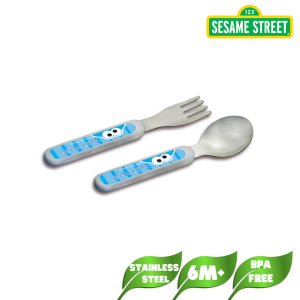 Sesame Beginnings Easy Grip Stainless Steel Baby Fork and Spoon BPA-Safe Heat Resistant