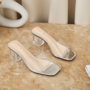 [Free Shipping] Transparent sandals for summer 2026 new model square toe high-heeled crystal fashion mid-heel chunky heel sandals for women