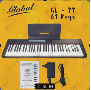 GLOBAL KEYBOARD GL 7T compact sized APP function built-in LITHIUM RECHARGEABLE BATT 61standard sized sustain pedal compatible BLUETOOTH MIDI in/out Keyboard FLASH function 3.5 mm HEADPHONE post