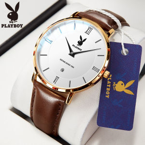 PLAYBOY Mens Watch 2023 Original Authentic New Waterproof Fashion Quartz Calendar Dial Leather Strap Casual Watch