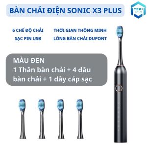 Bàn Chải Điện Đánh Răng Sonic X3 PLUS MÀU ĐEN Thông Minh 6 Chế Độ Làm Sạch Tặng Kèm 4 Đầu Thay Thế Lông Mềm Cao Cấp|TEKI