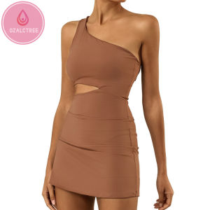 OzalCtree ชุดเดรสนักเทนนิสกอล์ฟยืดได้สำหรับผู้หญิงชุดโยคะรวมอุปกรณ์กีฬากอล์ฟพร้อมกางเกงขาสั้นและไหล่เซ็กซี่ข้างเดียวแผ่นอก