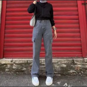 Celana Jeans Cargo Wanita Highwaist Celana Panjang  Retro Fashion Korea Style Loose Cargo Jenas