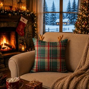 MAOMEI STORE Antlers Christmas Pillow Cover Plaid Festive Throw Pillow Cover Machine Washable Christmas-themed Cushion Pillowslip Christmas