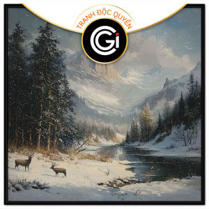 Tranh mùa đông phong cảnh dòng sông băng giữa khu rừng dưới chân dãy núi tuyết.Tranh treo tường dán tường.CGI-1194