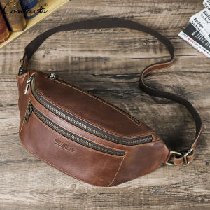 CONTACTS Genuine Leather Waist Bags for Men Bum Bags Crossbody Bags Chest Bags Phone Pocket Male Travel Waist Packs for 8.3" iPad Mini