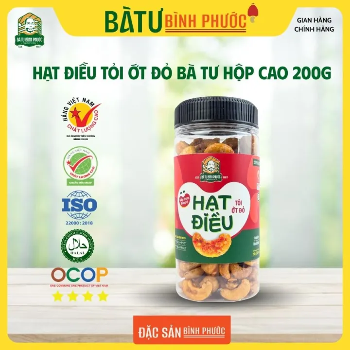 Hạt điều tỏi ớt đỏ cay nồng bùng vị hộp 200g - hạt điều Bình Phước - Hạt điều Bà Tư