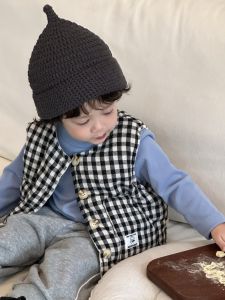 Baby plaid vest cotton jacket autumn and winter childrens clothing Korean style childrens wear boys thickened sweatshirt and sweatpants set