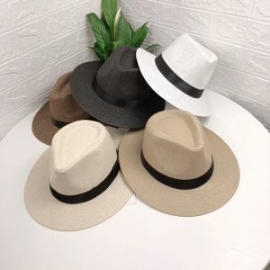 Large Size Panama Sun Hats Lady Beach Wide Brim Straw Hat Summer Sun Cap Plus Size Fedora Hat 56-58cm