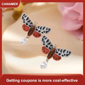 【CANAMEK】 Phóng đại mùa thu báo in bướm giả ngọc trai mặt dây chuyền bông tai bohemian Retro của phụ nữ Bông tai đồ trang sức quà tặng