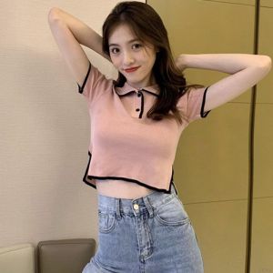 Áo Len Nữ Ngắn Tay Cổ Bẻ Phối Viền Đen Phong Cách Thời Trang hàn Quốc Siêu Xịn - LCXA176