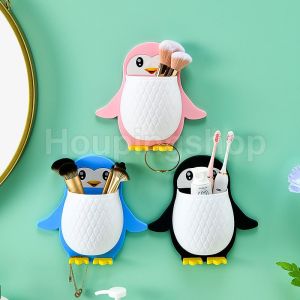 Cute Penguin Wall Mounted Storage Box Multipurpose Bathroom Toothbrush Non-Punch Organizer