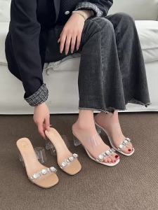 [Free Shipping] Womens Summer Outdoor Sandals New Style Crystal Chunky Heel High Heels to Match Skirts