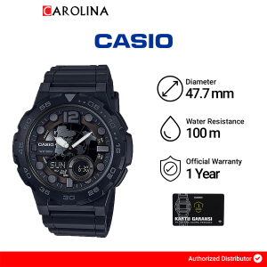 Jam Tangan Pria Casio General AEQ-100W-1B Digital Analog Display Dial Black Resin Band