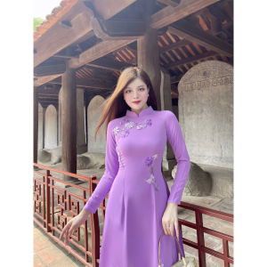 Áo dài truyền thống lụa mỹ màu tím thêu hoa ribang thủ công cao cấp size S-4XL